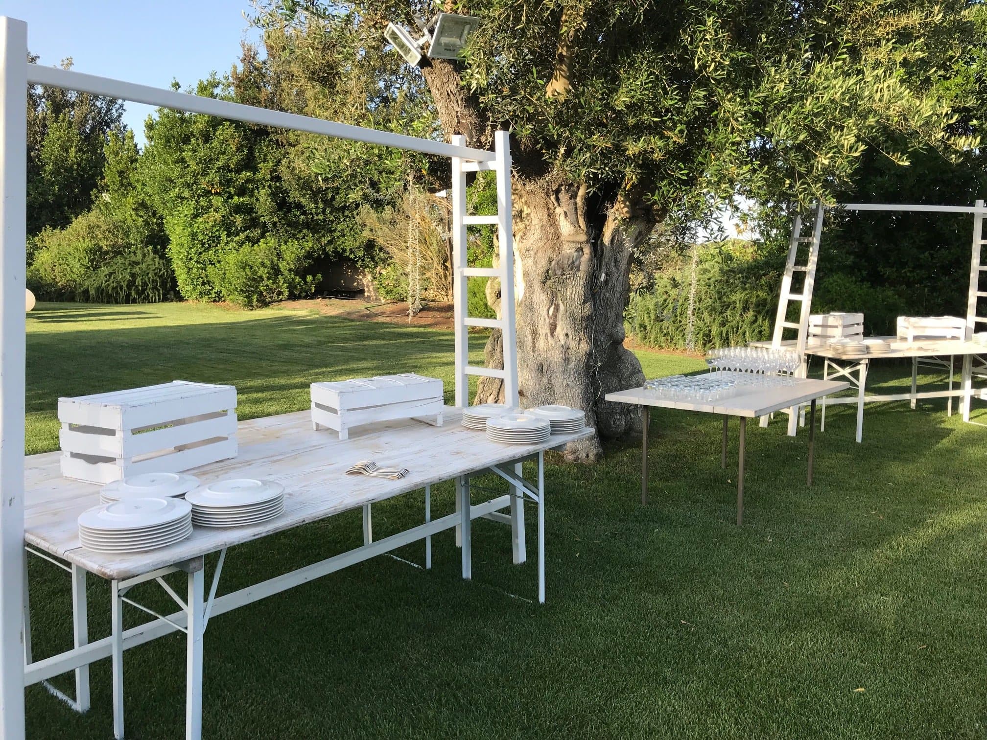 Il buffet apparecchiato sotto l'ulivo, con i piatti e le cassette bianche