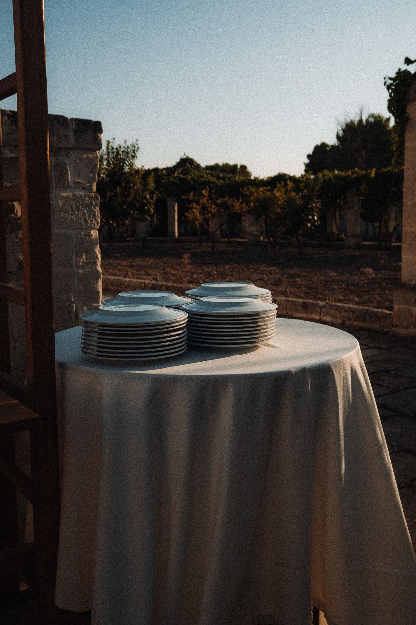 The table laid in the vineyard, at sunset